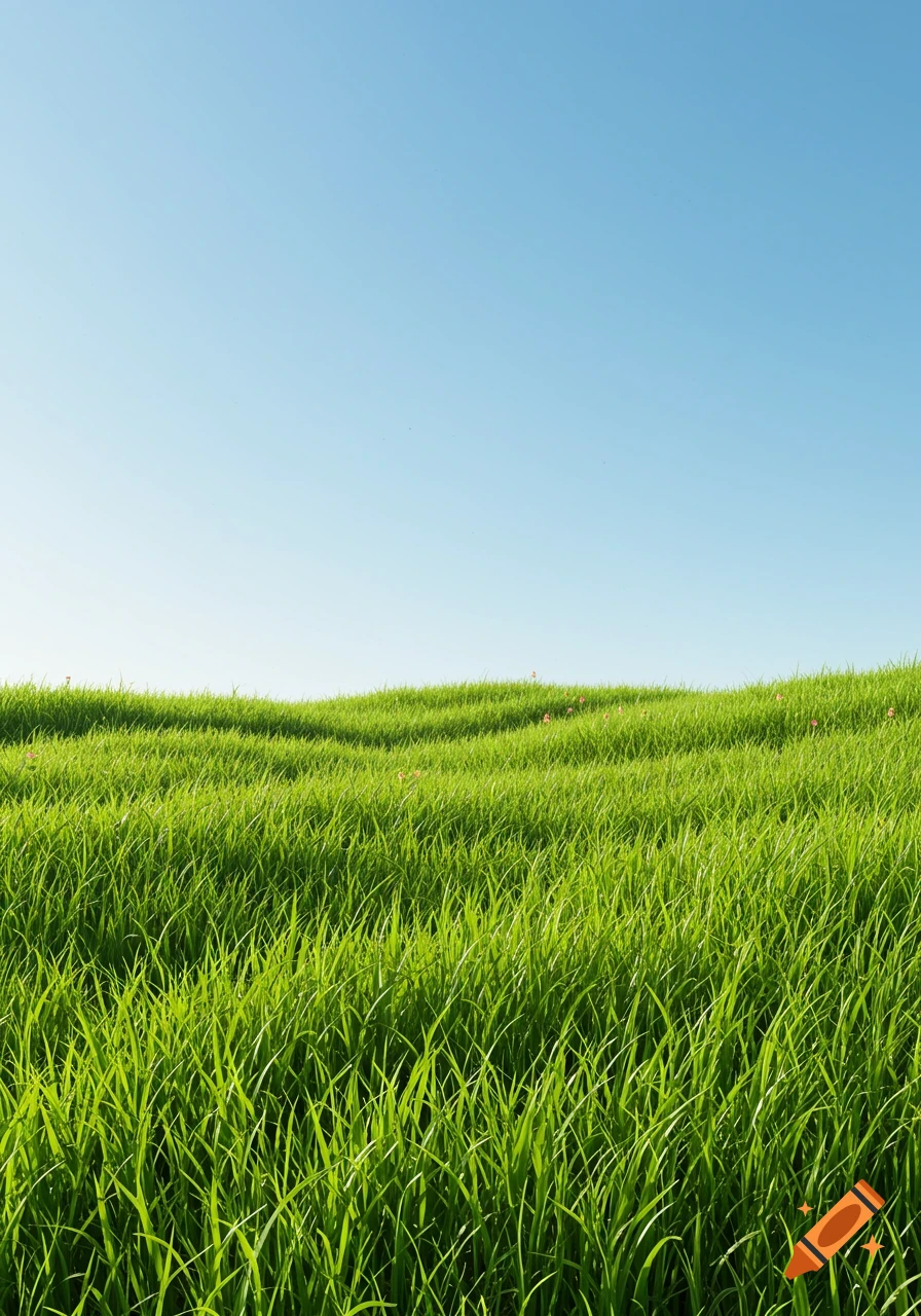 A vibrant green field of tall, undulating grass under a clear, bright blue sky in a photorealistic style.