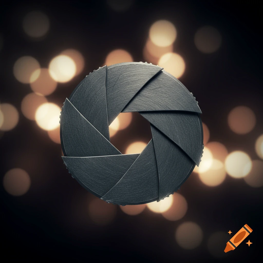 A close-up of a camera lens aperture against a dark, blurry background with warm bokeh lights.