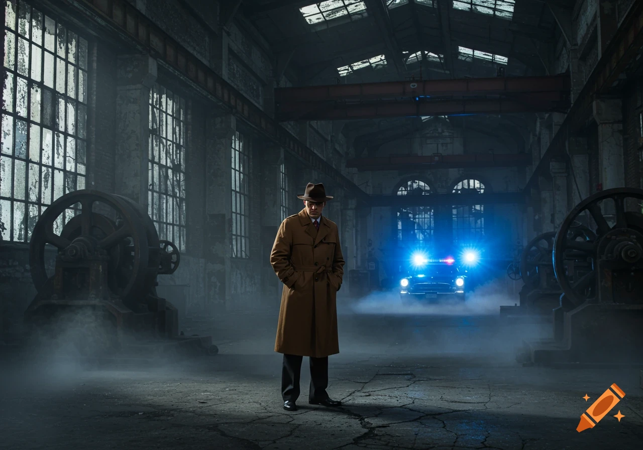 A man in a fedora and trenchcoat stands in a misty, dark industrial building with a police car's blue lights in the background.