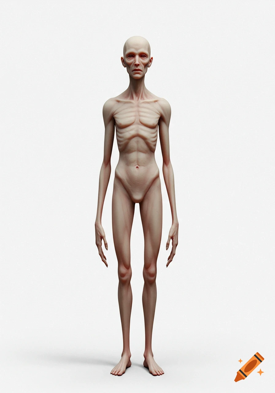An emaciated, bald, pale humanoid figure with elongated limbs stands  against a white background, evoking a horror aesthetic. on Craiyon, image size:896x1280