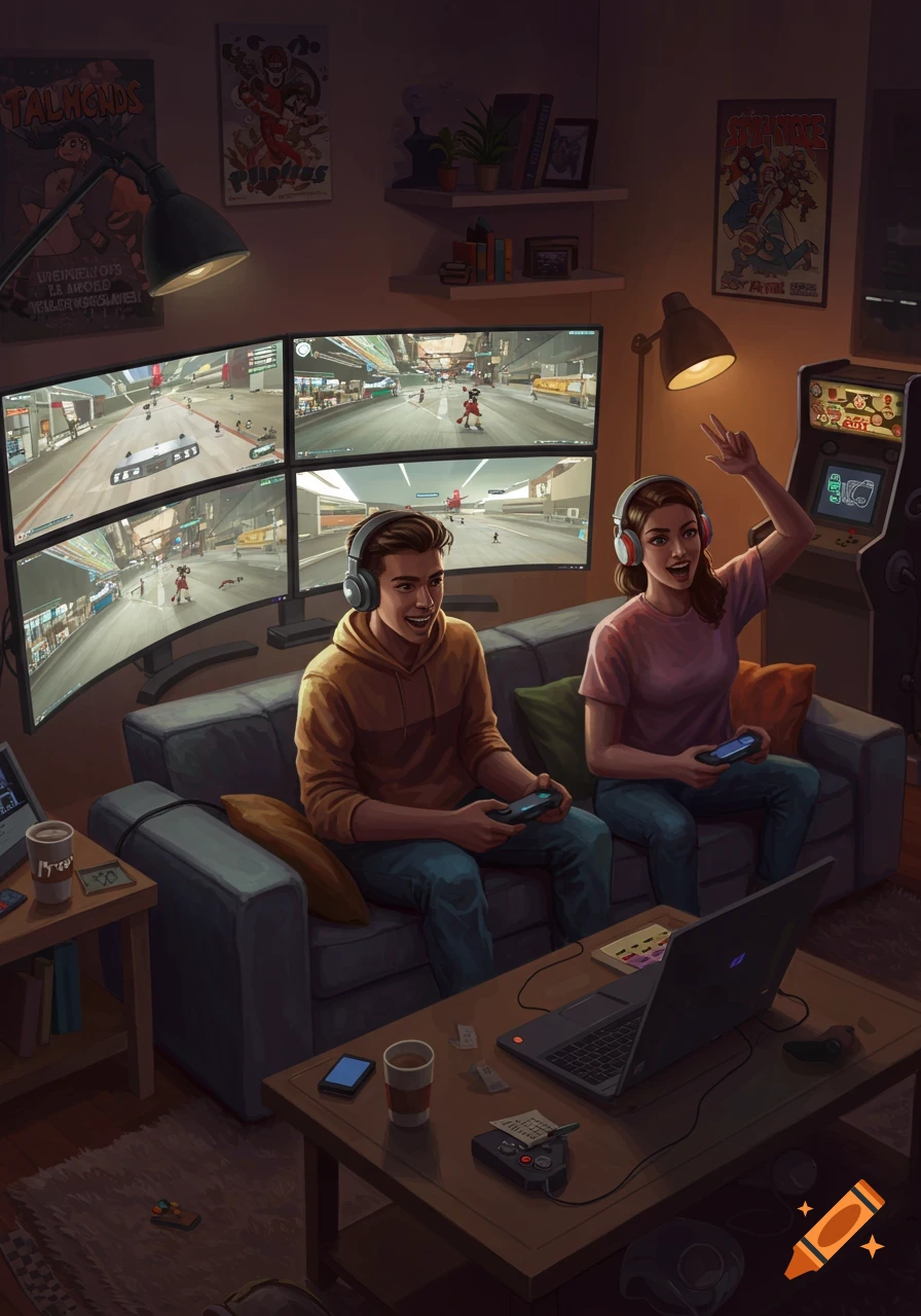 Two friends wearing headphones sit on a couch playing video games on multiple large curved monitors in a dimly lit room with an arcade machine and posters.