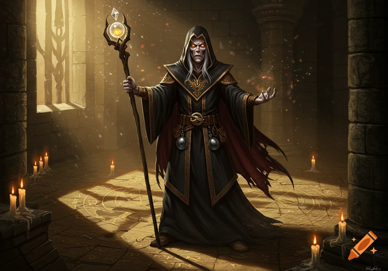 A gaunt wizard in black robes with glowing eyes holds a magical staff, casting a spell in a candlelit stone chamber.