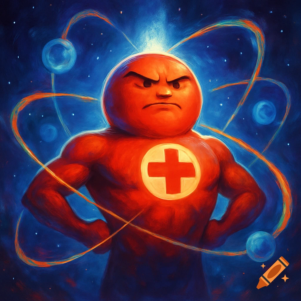A muscular, red, round-headed superhero with a plus sign on his chest, standing angrily in a cosmic, atomic background.
