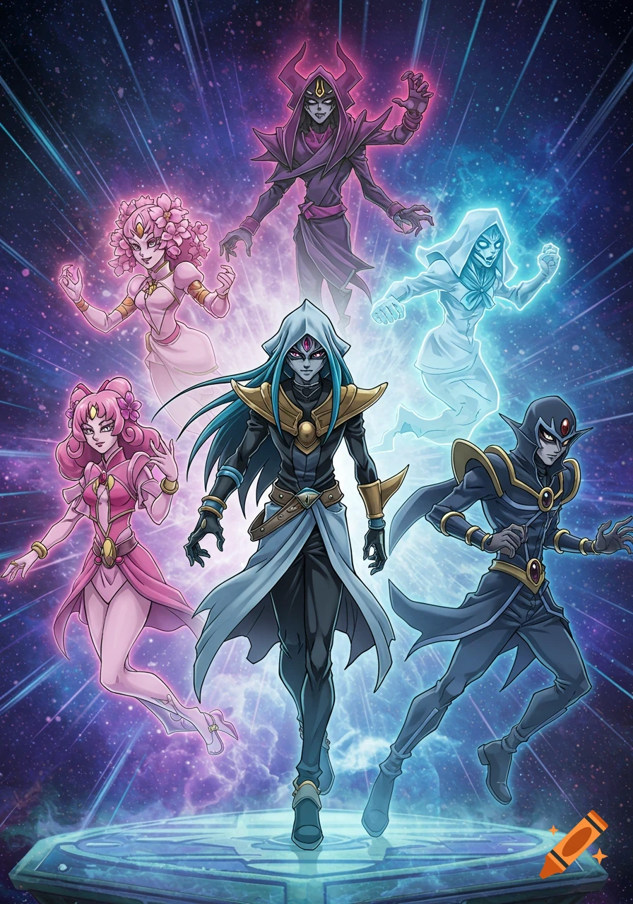 A group of six anime-style characters, resembling Yu-Gi-Oh! monsters, with glowing ethereal features, standing on a circular platform against a cosmic purple and blue starry background.