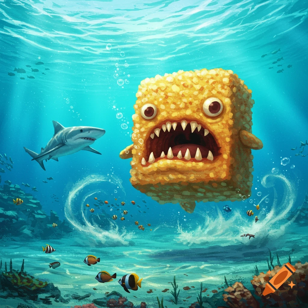 A cartoonish, square, golden monster with huge teeth and large eyes chases a shark in a vibrant ocean scene.