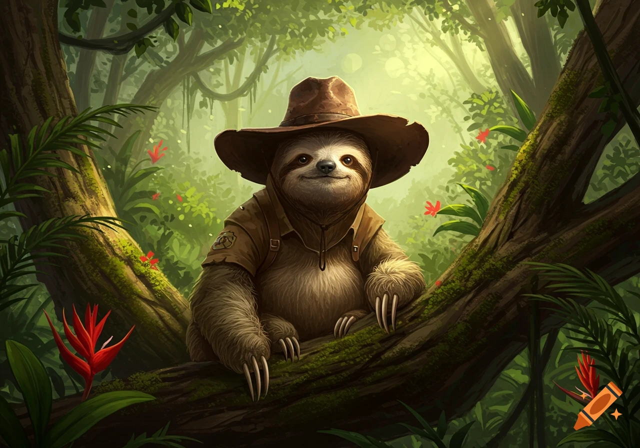 A cute sloth explorer in a brown wide-brimmed hat and shirt sits on a mossy branch in a vibrant, lush jungle with red flowers.