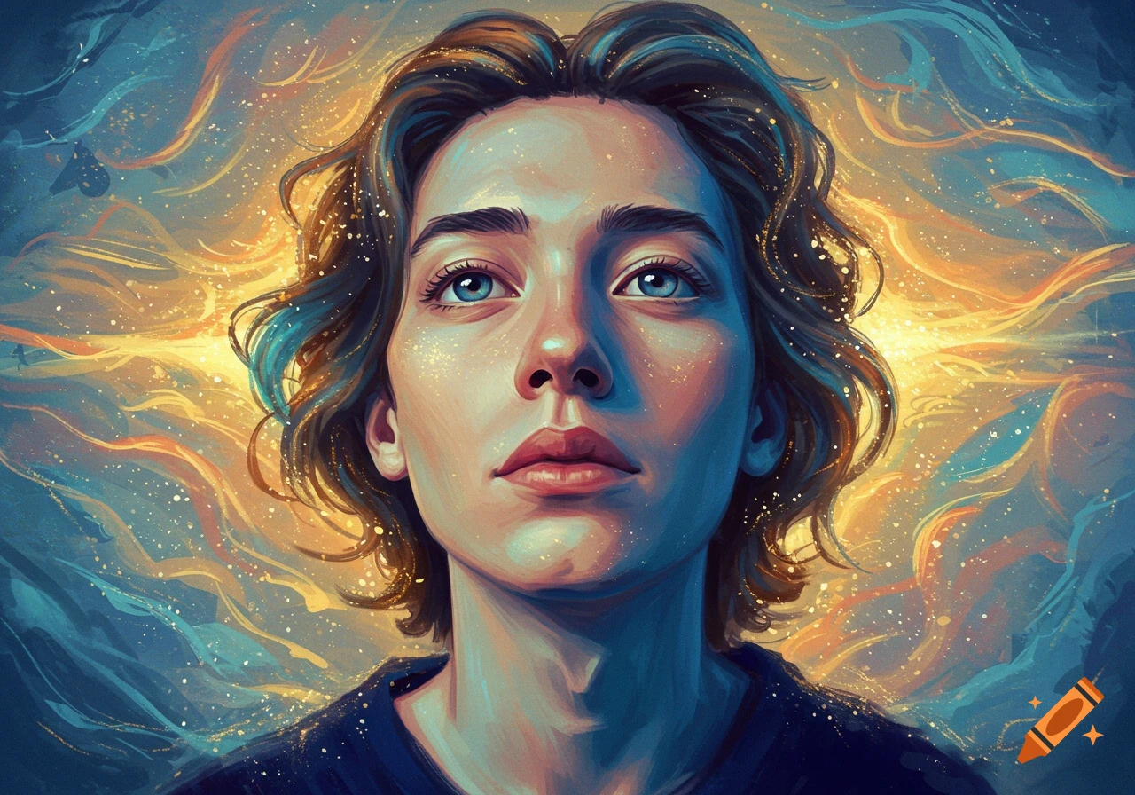 Digital painting of a person looking up with bright blue eyes, surrounded by glowing golden and blue abstract swirls.