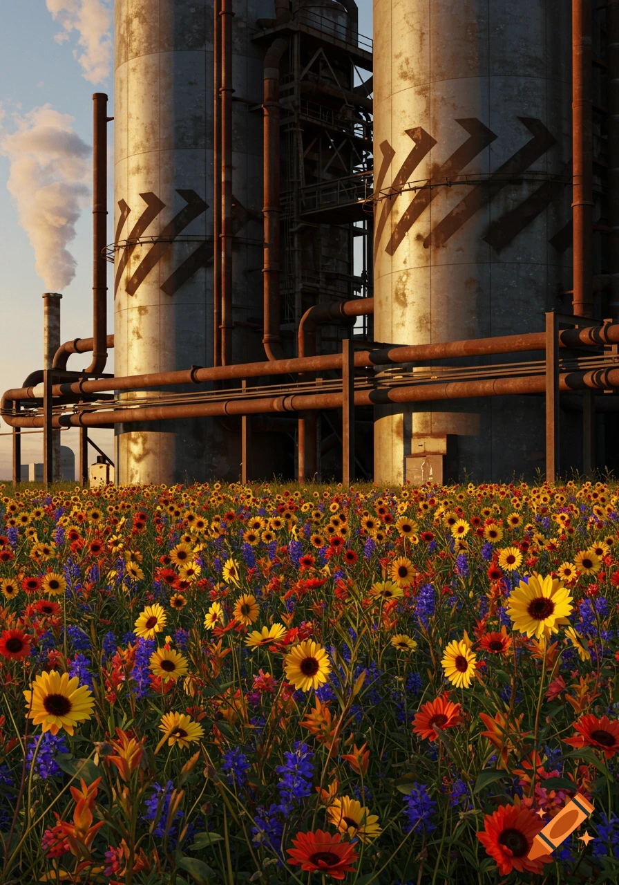 Photorealistic industrial plant with large silos and pipes behind a vibrant field of yellow, red, and blue wildflowers.