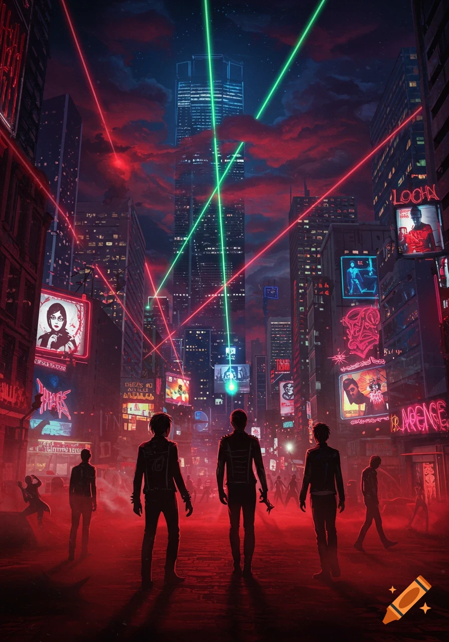 Dark cyberpunk city at night with red and green lasers, neon signs, and silhouetted figures on a red-lit street.