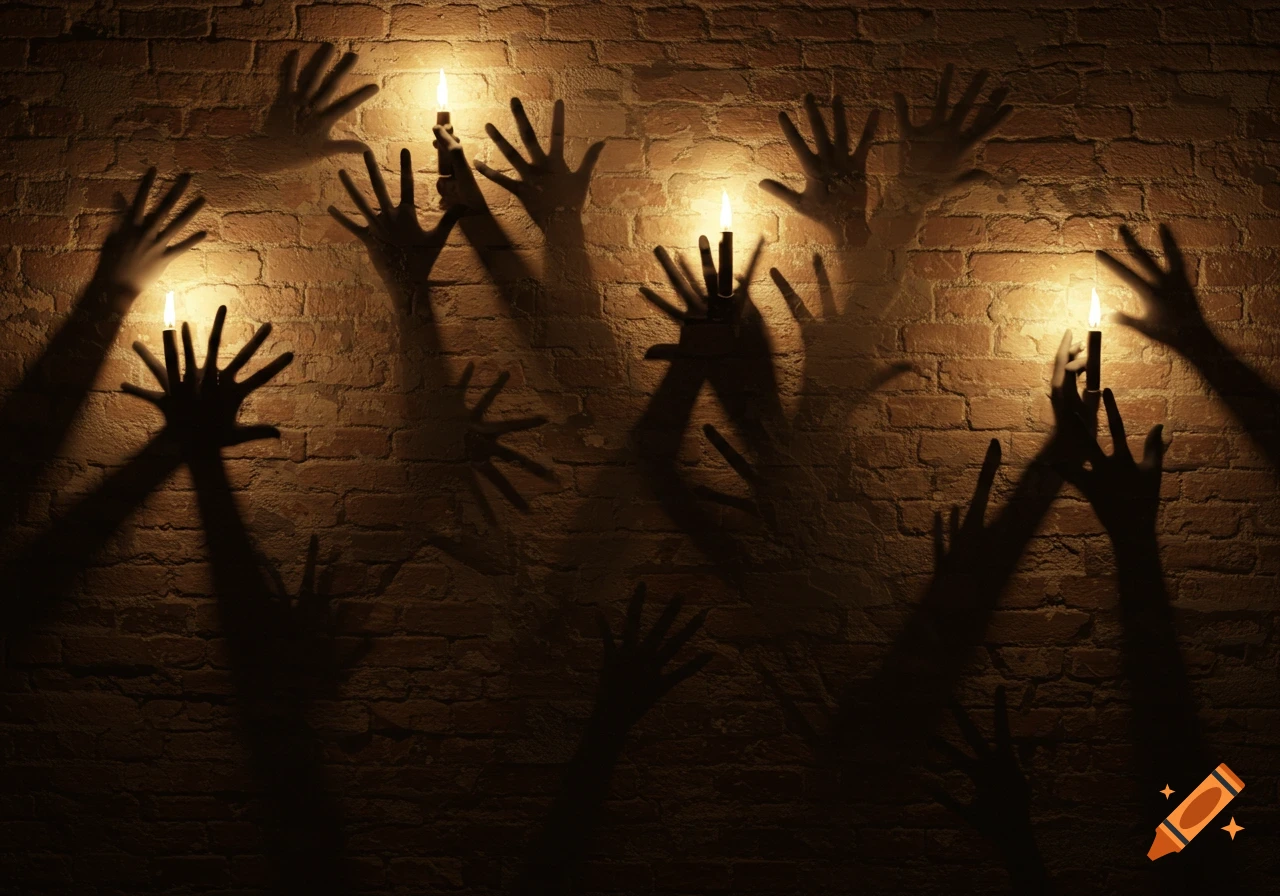 Multiple dark shadows of hands reach across a textured brick wall, some holding glowing candles, in a dimly lit, eerie scene.