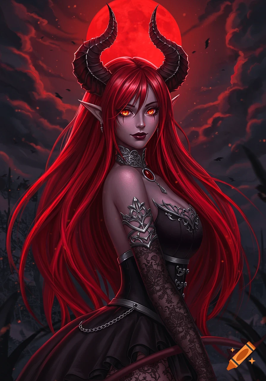 Striking anime-style demon girl with long red hair, glowing eyes, horns, and elven ears against a blood-red moon and dark sky.