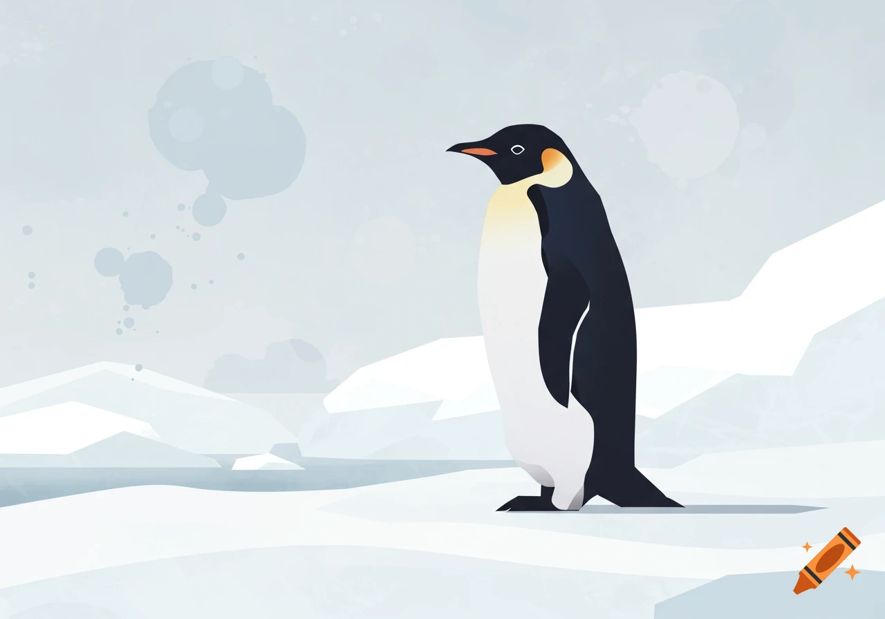 An abstract, minimalistic illustration of a penguin standing in a snowy arctic landscape with muted colors.