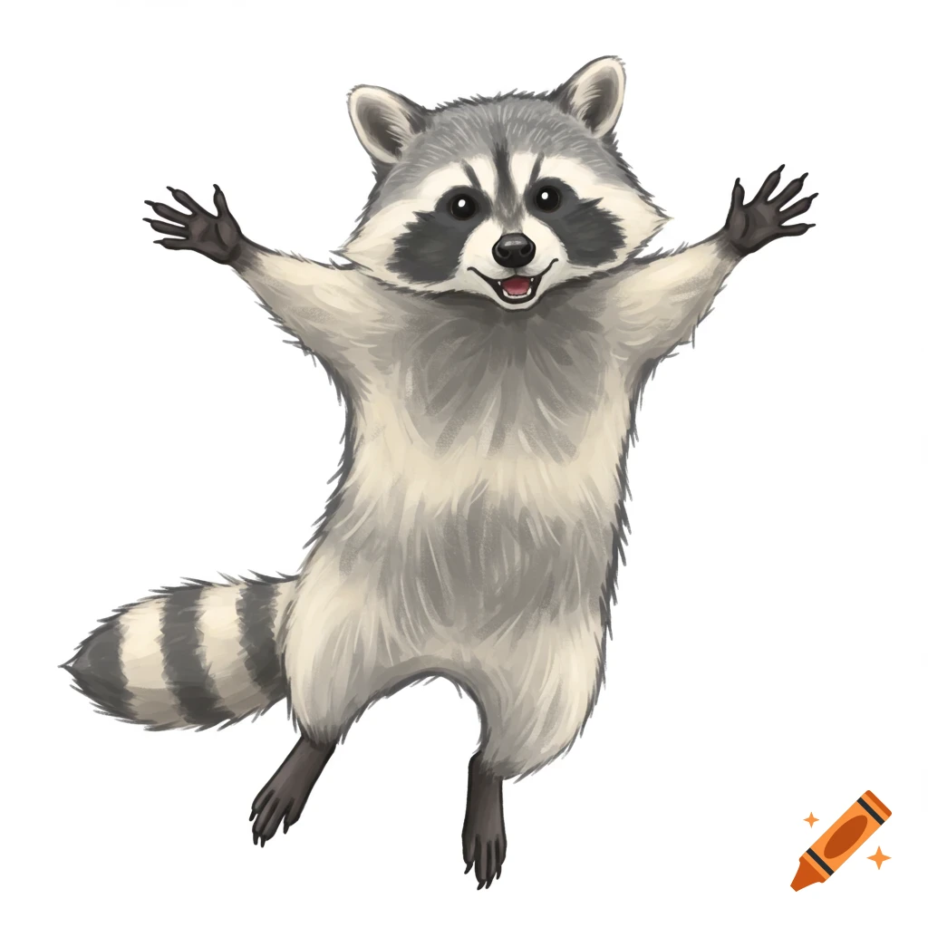 A digitally illustrated happy raccoon jumping with arms outstretched on a white background.