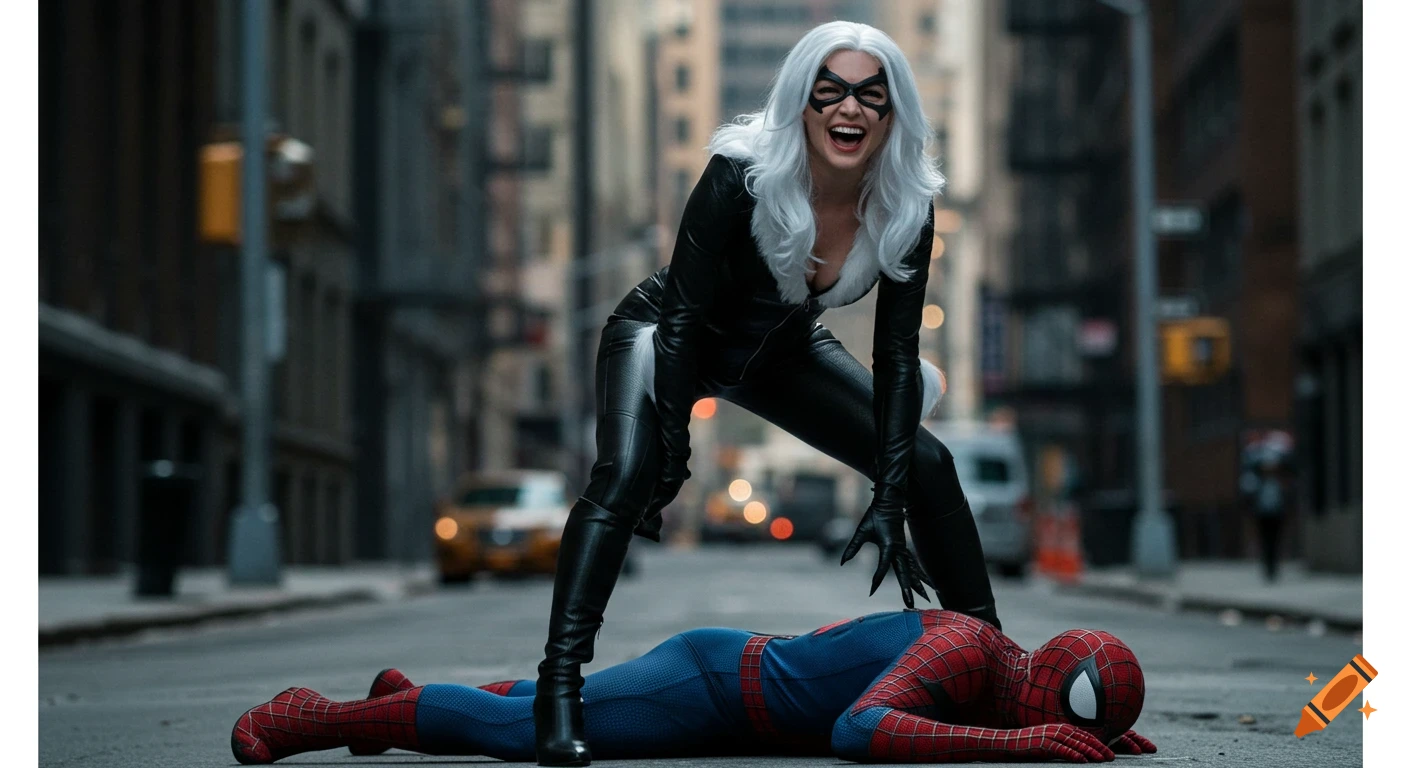 Black Cat stands triumphantly over Spider-Man, who lies prone on a city street, in a photorealistic scene.