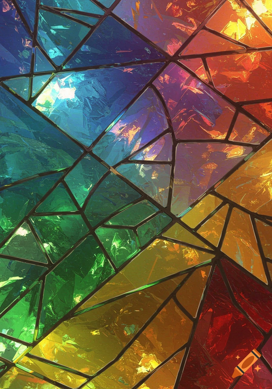 A vibrant abstract mosaic of shattered multi-colored glass pieces forming a geometric pattern.