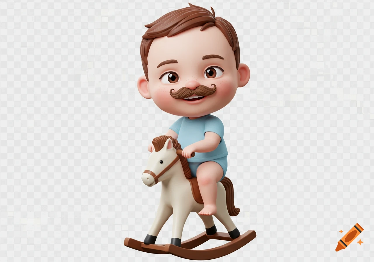 A cute 3D cartoon baby-like character with a mustache riding a white rocking horse on a transparent background.