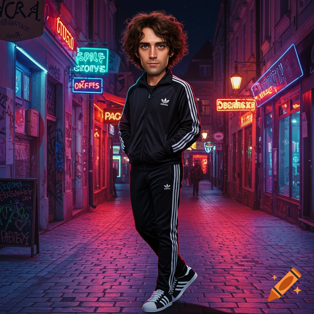 A stylized man with curly brown hair wearing a black Adidas tracksuit and sneakers stands on a neon-lit city street at night.