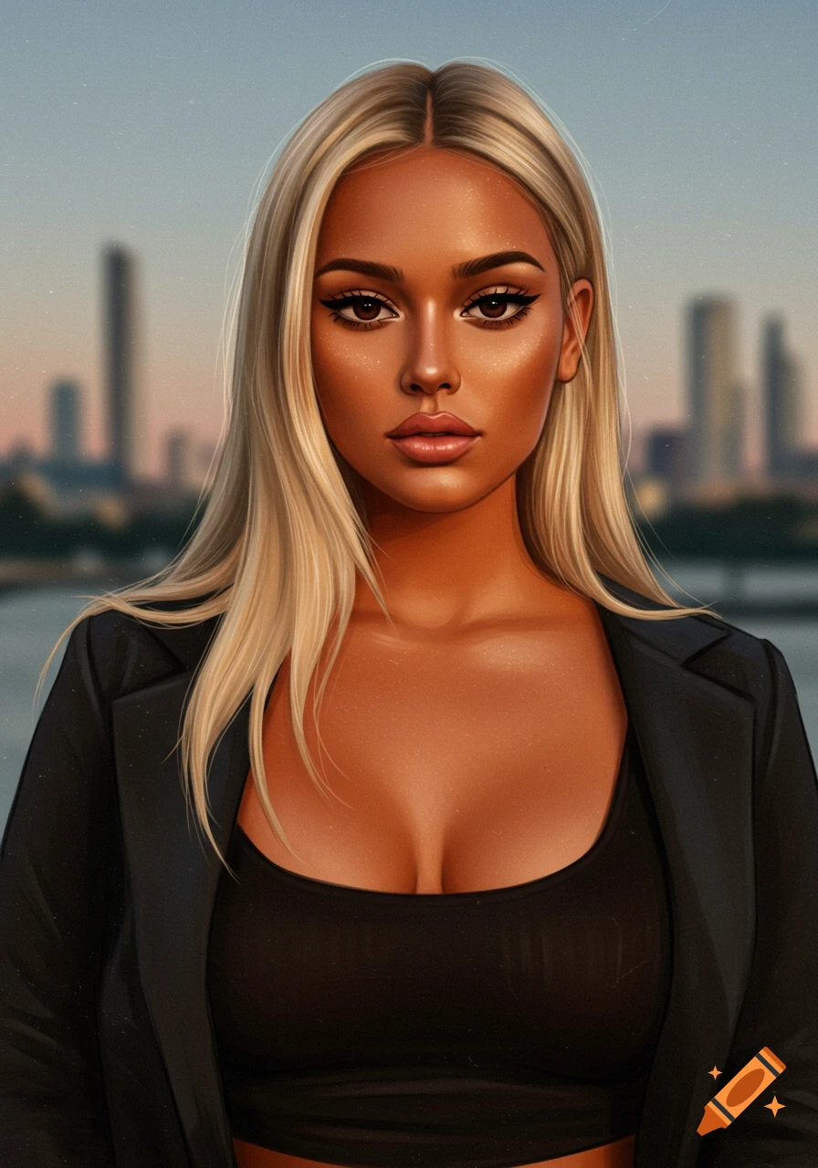 Digital painting of a tan blonde woman in a black blazer and top, against a blurred city skyline at dusk.