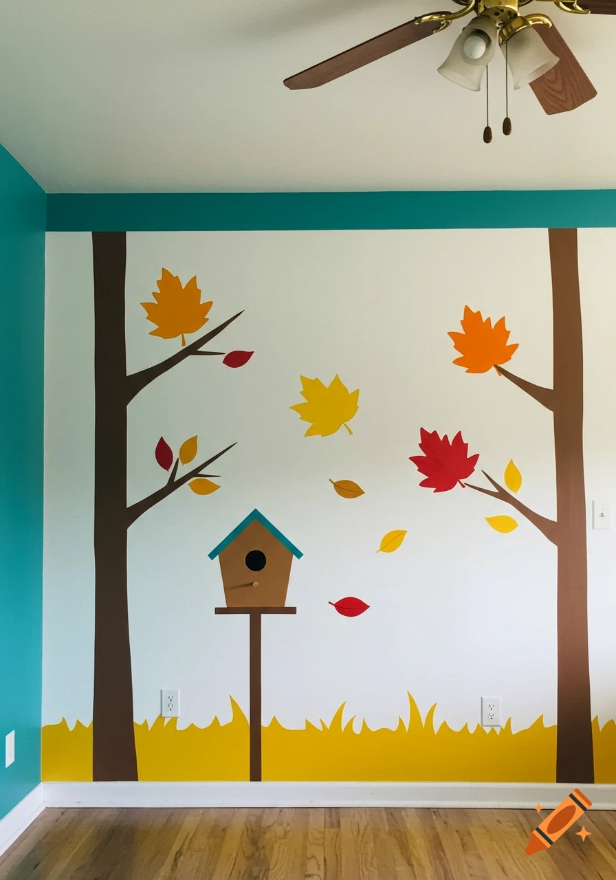 A minimalist autumn mural on a white and teal wall features brown trees, colorful falling leaves, and a birdhouse in an indoor room.