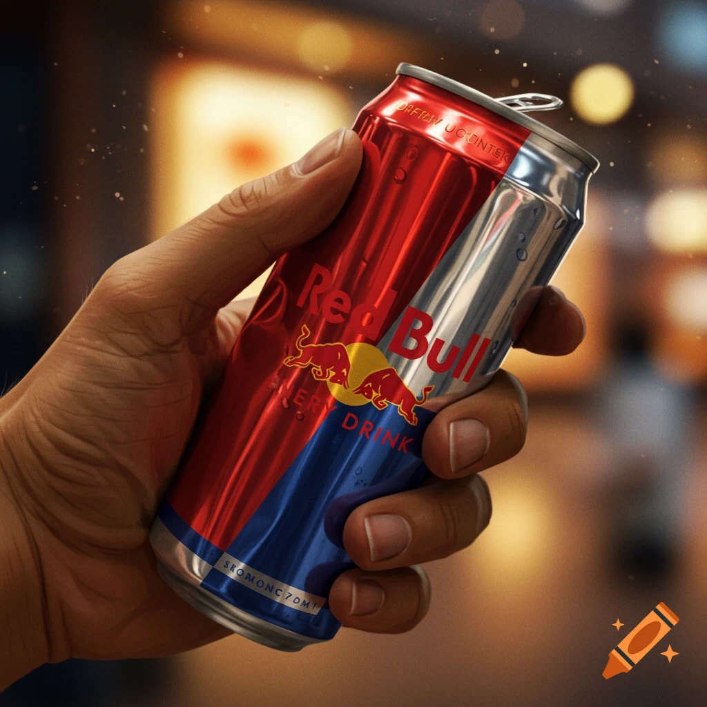 A hand holds a shiny, red and blue Red Bull energy drink can with condensation, in a photorealistic close-up.