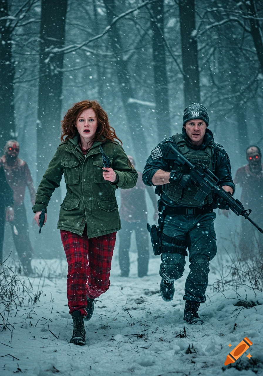 Photorealistic image of a red-haired woman and a man with a rifle running through a snowy forest, chased by red-eyed zombies.