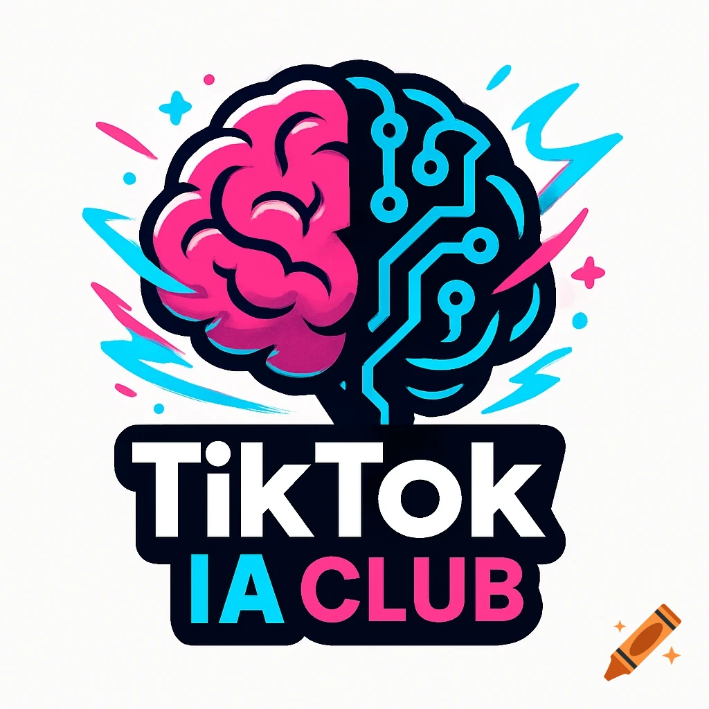 Modern cartoon logo featuring a stylized brain, half organic and half circuitry, with bright pink and blue accents, above the text 'TikTok IA CLUB'.