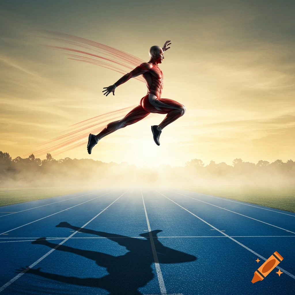 Conceptual image of a muscular anatomical runner leaping on a blue track at sunset.