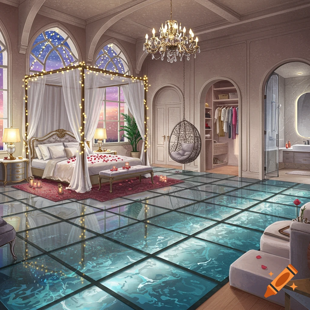 Luxurious dream bedroom with a canopy bed adorned with rose petals, a glass floor over water, arched windows, and an en-suite bathroom.