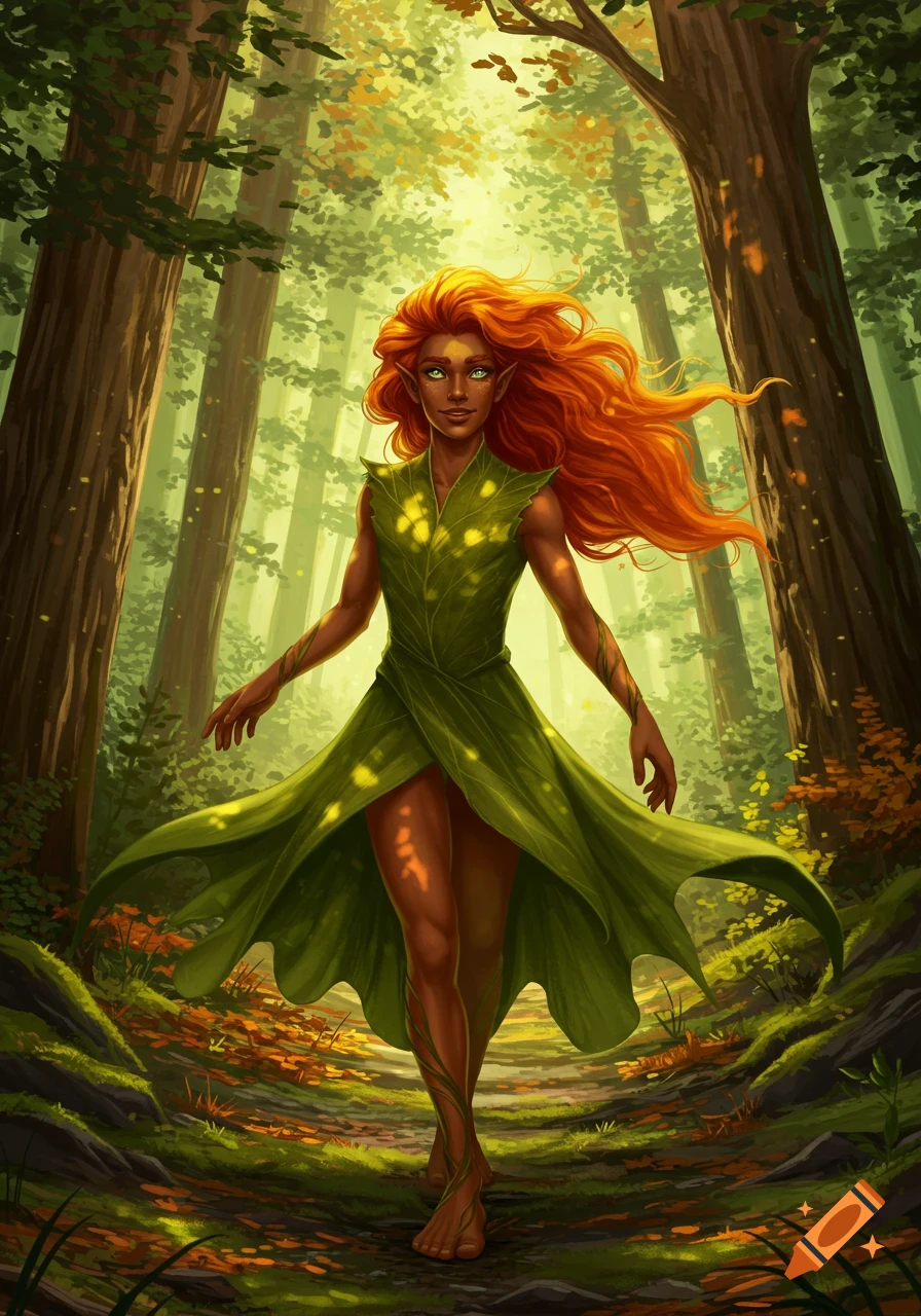 A red-haired, dark-skinned elf in a green leaf dress walks barefoot on a sunlit forest path, looking forward. Digital art.