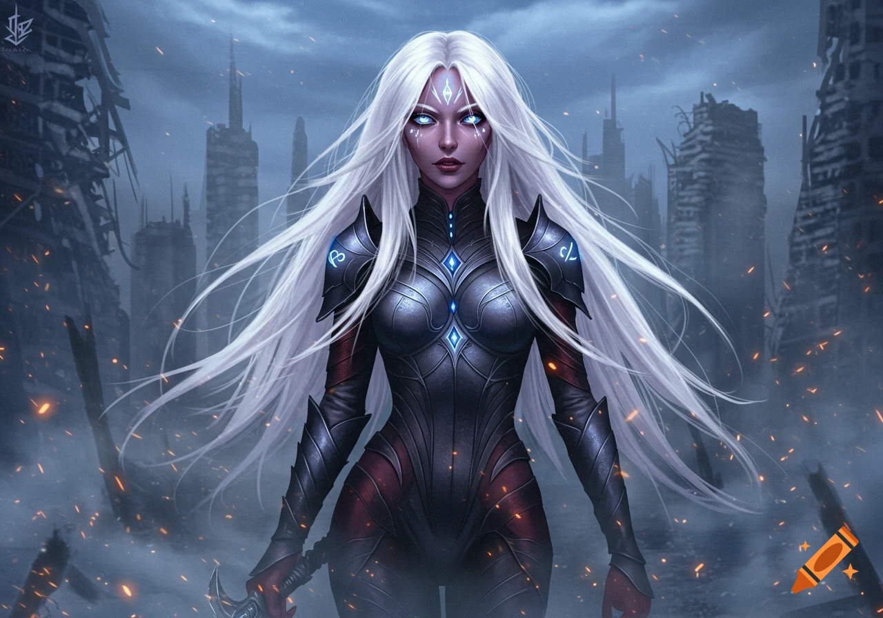 A pale-skinned female warrior with long white hair, glowing blue eyes, and dark, form-fitting armor stands in a ruined city under a cloudy sky.