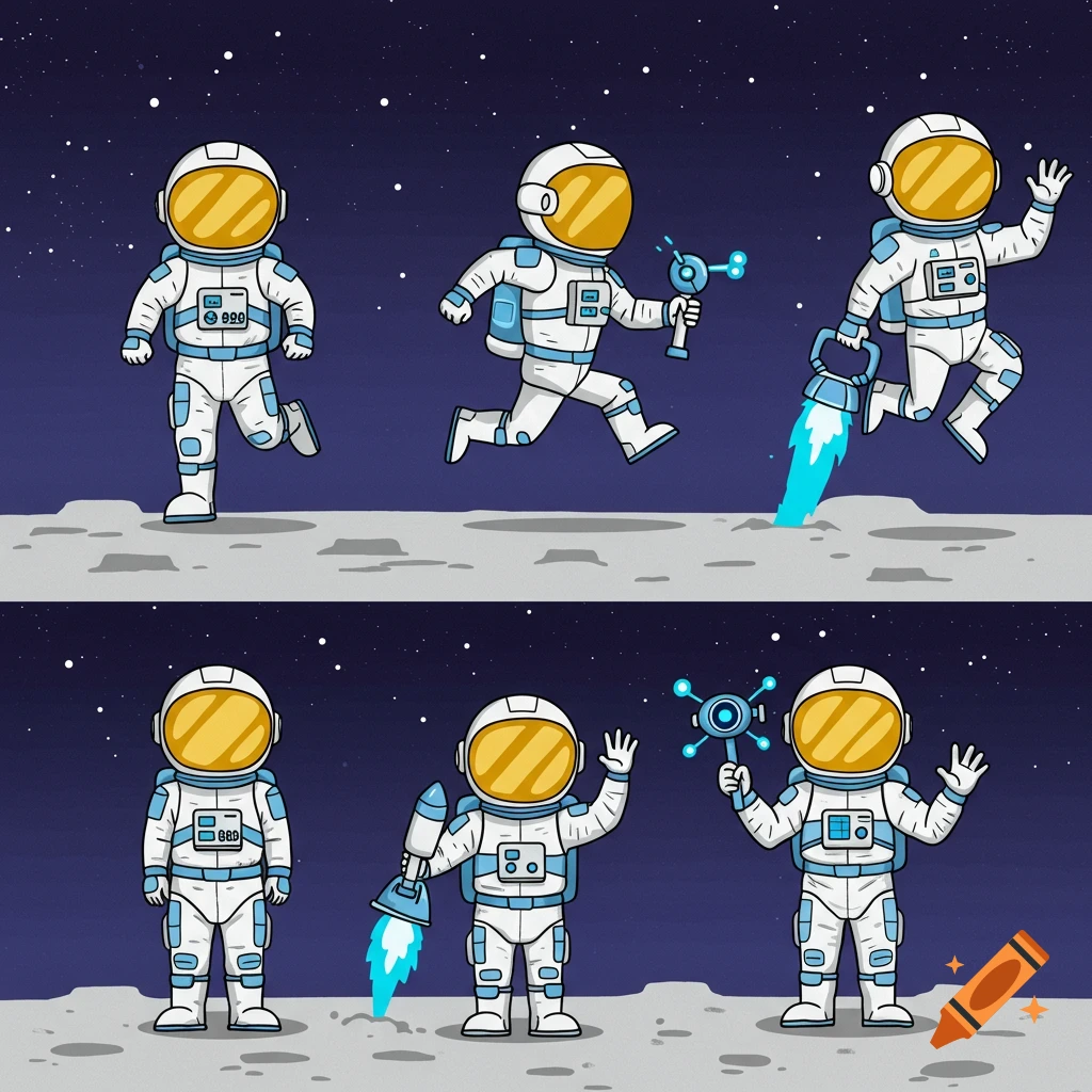 A series of cartoon astronauts in white suits with golden visors on a moon surface, depicted in various poses like running, jumping, and waving.