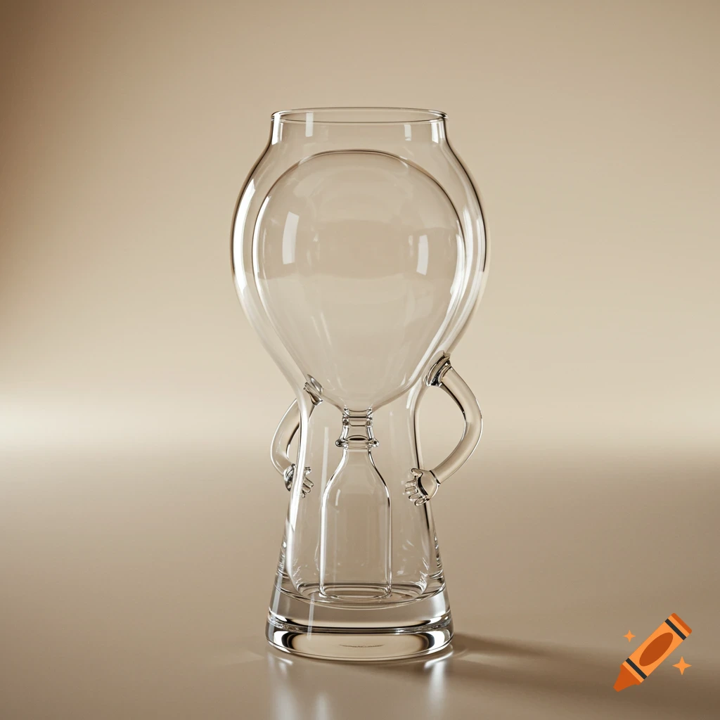A clear glass drinking vessel with a humorous anthropomorphic design, featuring an inner bottle and arm-like handles, against a plain background.