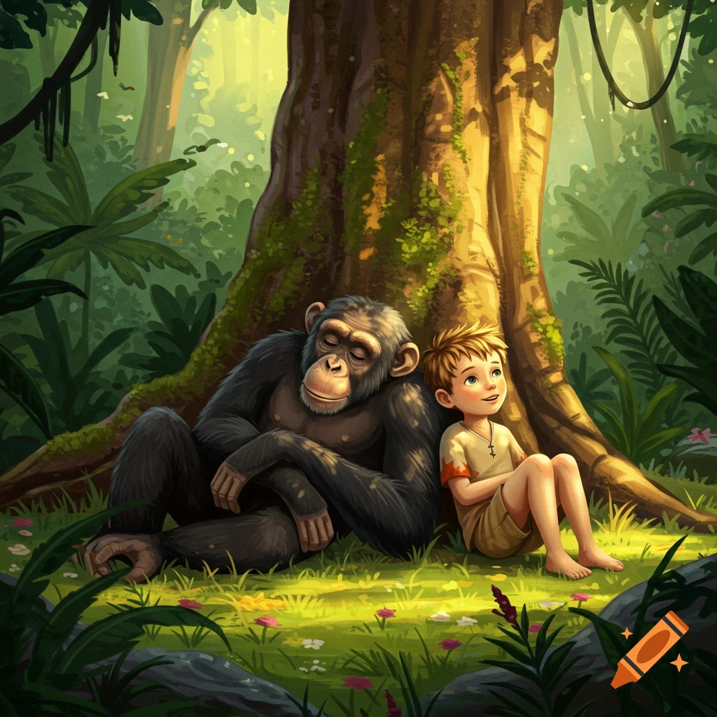 An illustrated boy and a sleeping chimpanzee rest against a large tree in a vibrant jungle.
