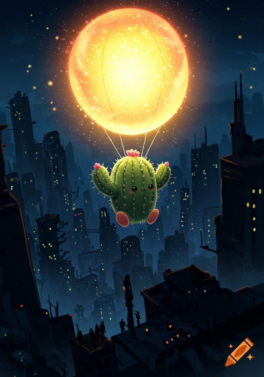A cute, smiling cartoon cactus with pink flowers flies high in a glowing, orange hot air balloon over a dark city skyline at night.