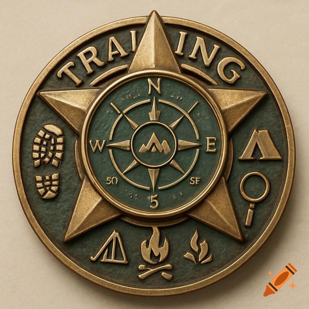 An antique-looking bronze training award with a five-pointed star, compass rose, and outdoor symbols like a boot print, tent, and campfire.
