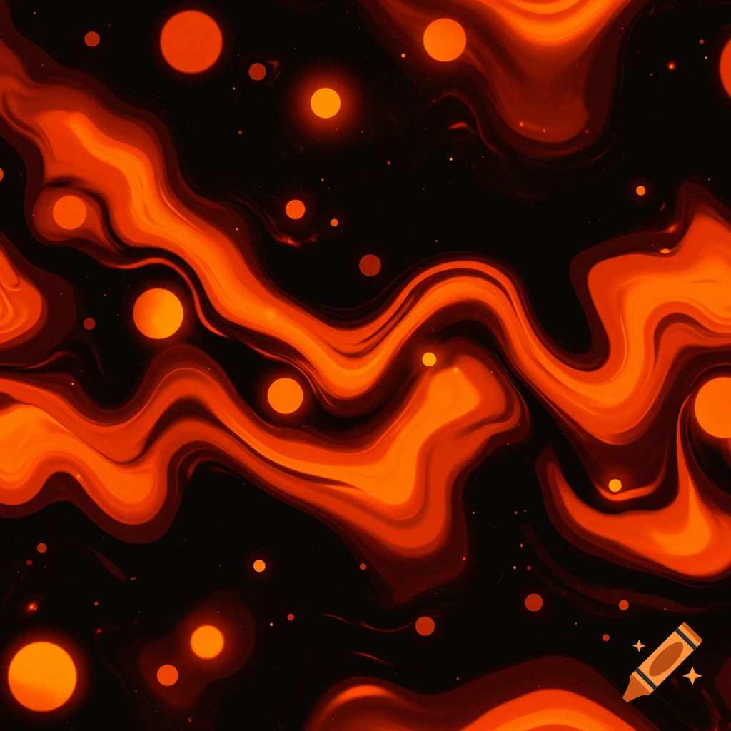 Abstract swirling orange and black pattern with glowing orbs, resembling liquid or lava.