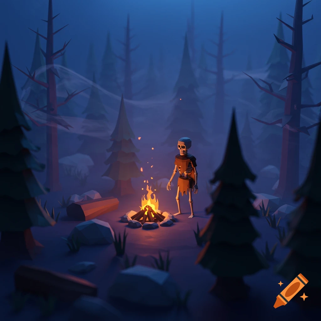A low-poly 3D skeleton stands by a flickering campfire in a dark, misty forest at night.