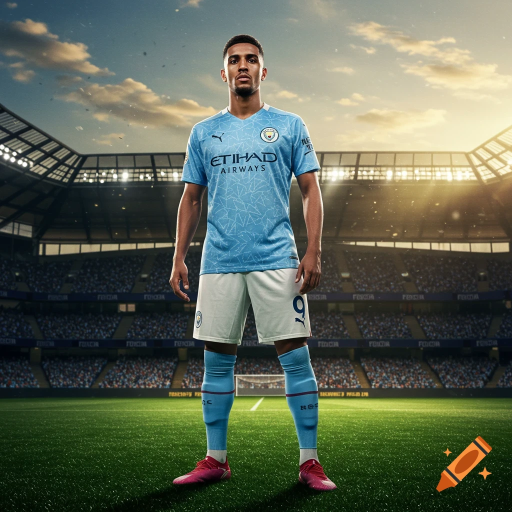 A photorealistic image of a male Moroccan Manchester City player in a light blue kit standing on a soccer field in a stadium.