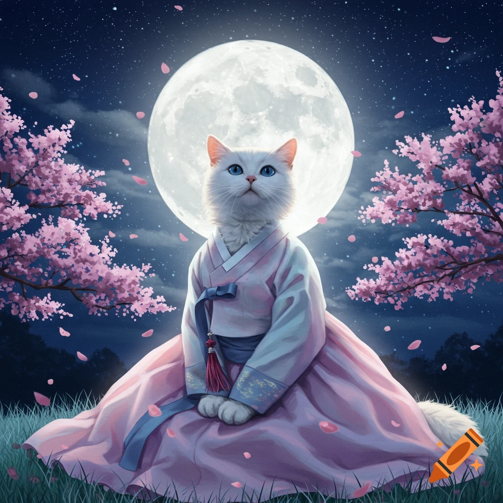 A fluffy white cat wearing a pink hanbok sits under a large full moon with cherry blossom trees at night.
