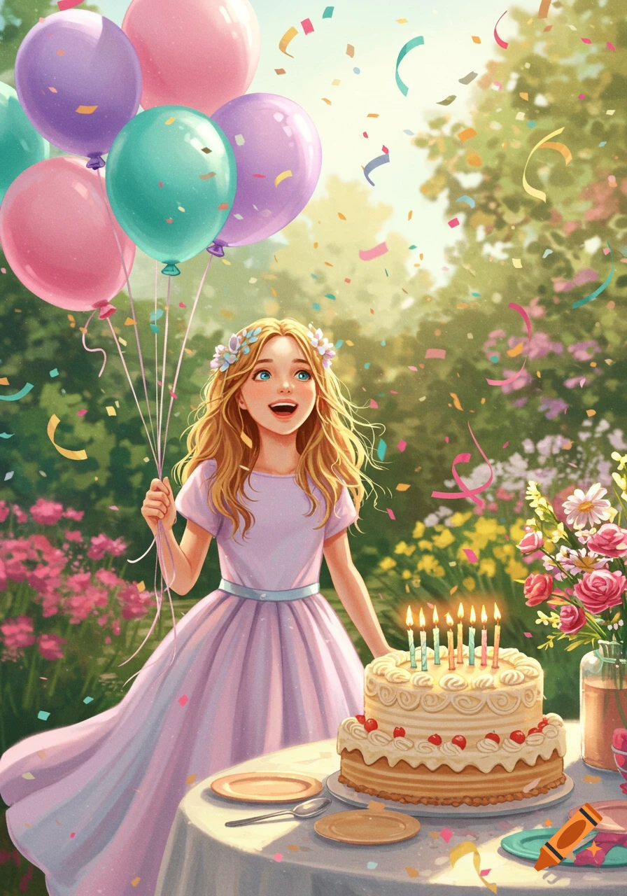 A happy young girl in a lavender dress holds colorful balloons at an outdoor birthday party with a cake and confetti.