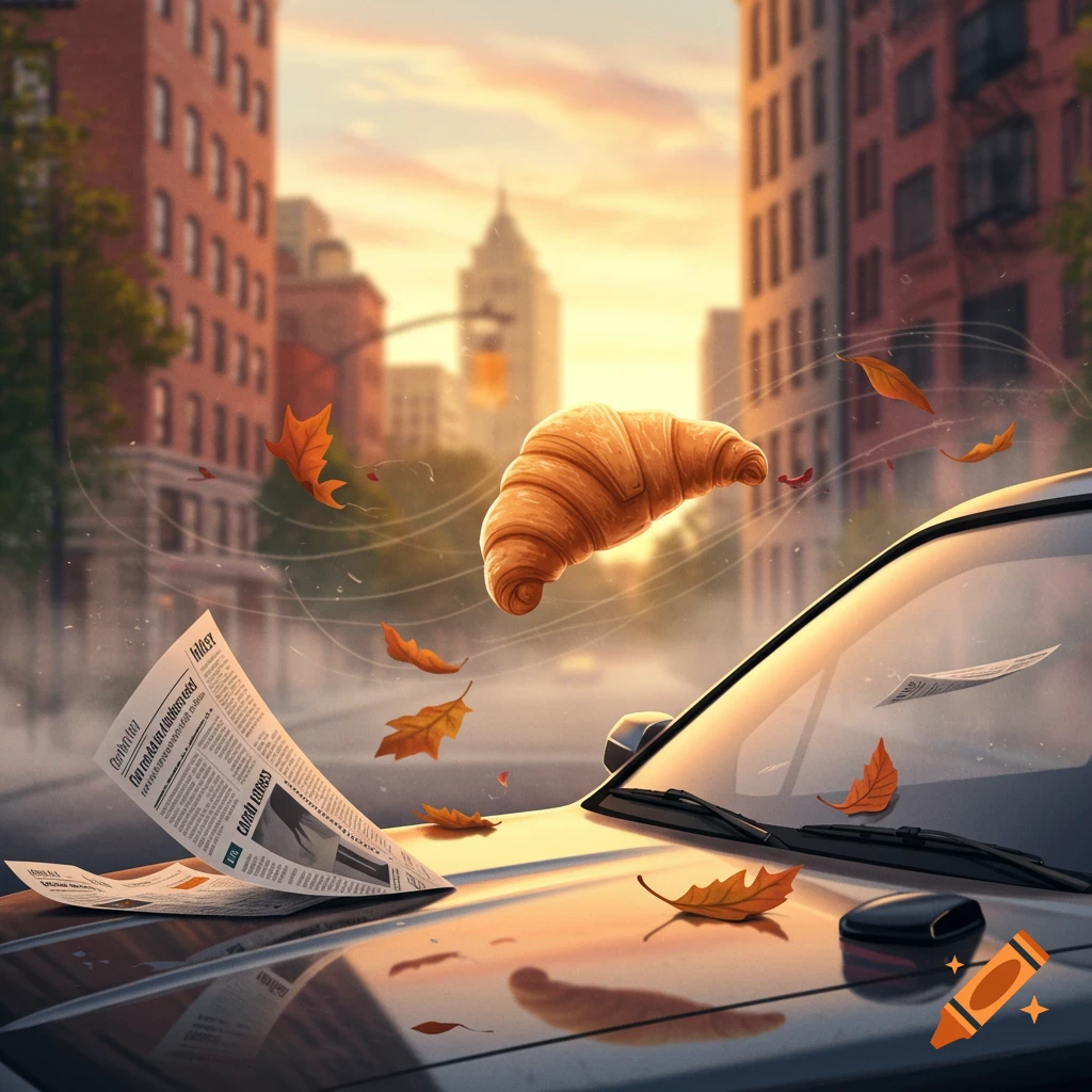 A croissant and autumn leaves float above a car's hood in a city street at sunset, with a newspaper on the windshield.