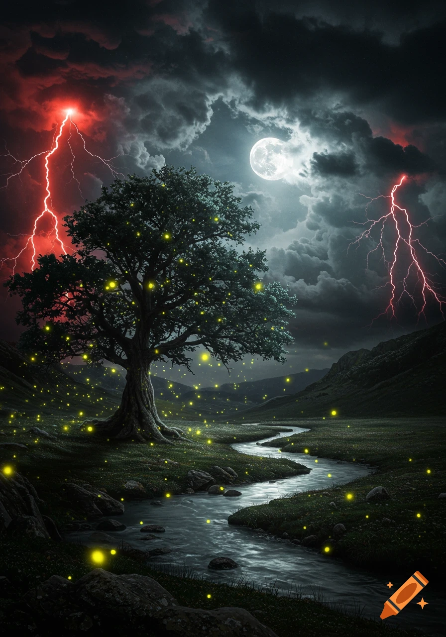 A mystical tree with glowing lights stands by a winding river under a dramatic, stormy sky with red lightning and a full moon.