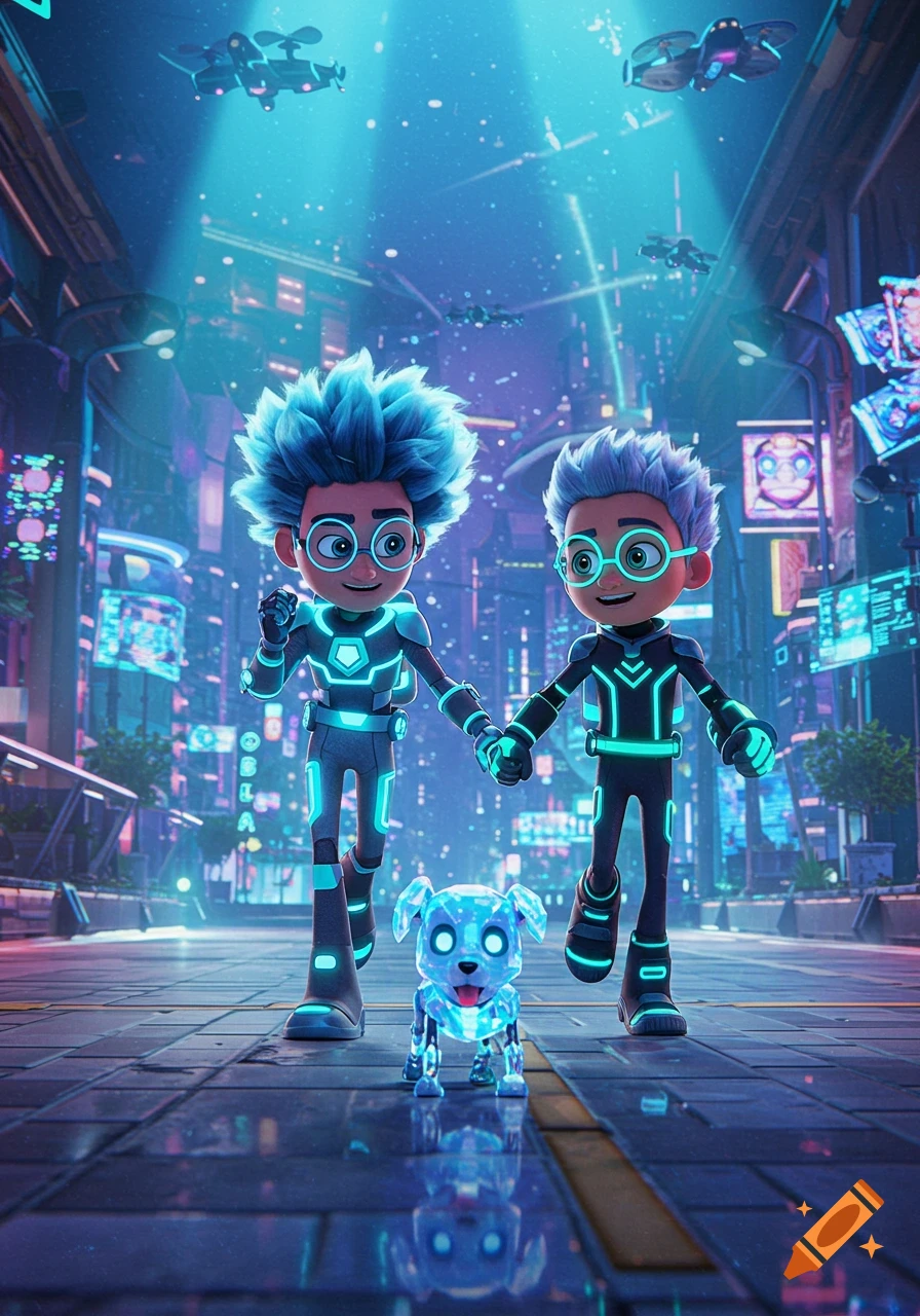 Two cartoon boys in glowing suits hold hands with a glowing dog in a vibrant, neon-lit futuristic city.