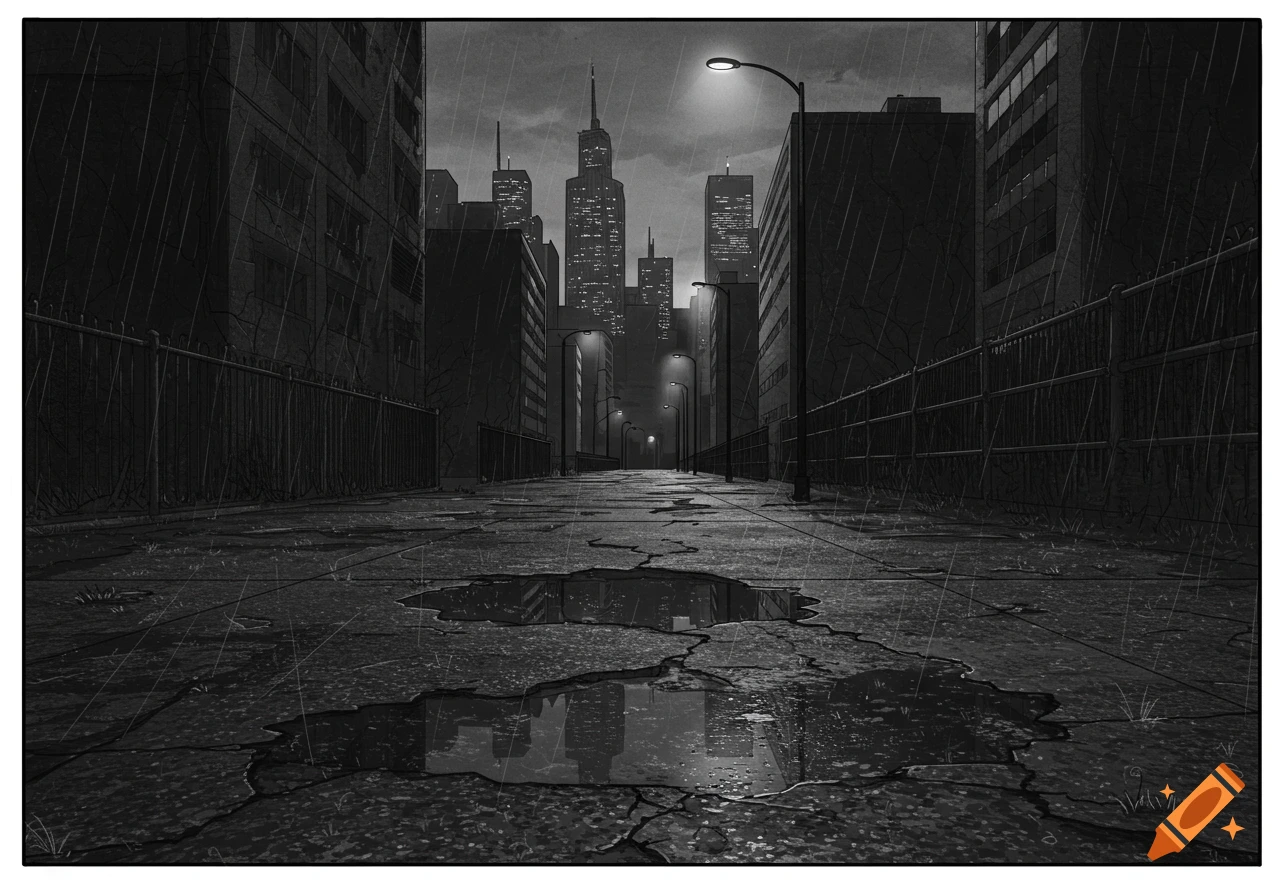 Black and white line art of a rainy, gritty city street at night, with towering skyscrapers and cracked pavement reflecting street lamps.