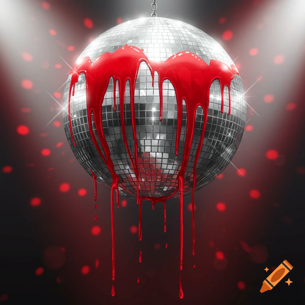 A silver disco ball with red paint dripping off it, against a dark background with red light bokeh.