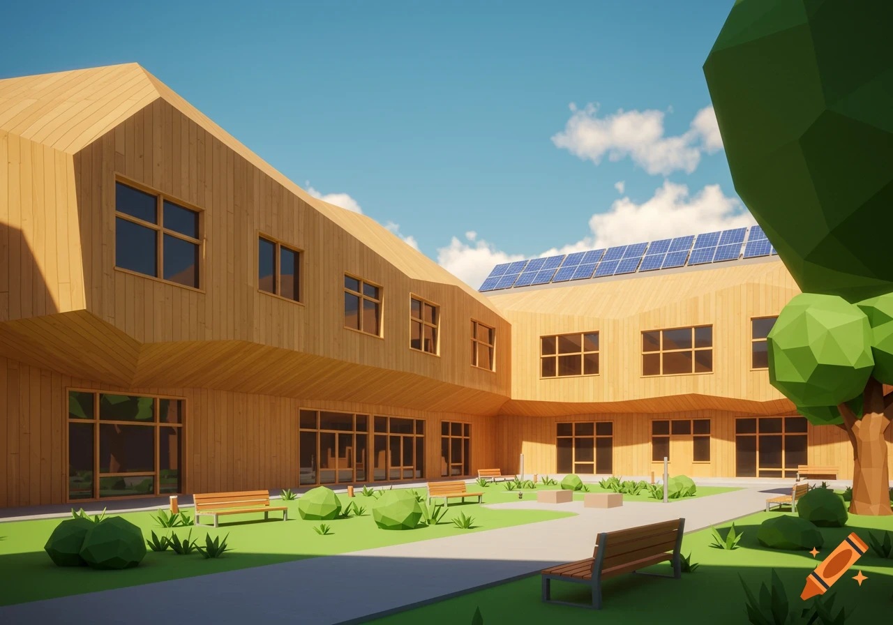 A stylized low poly wooden school building with solar panels, surrounding a courtyard with benches and trees.