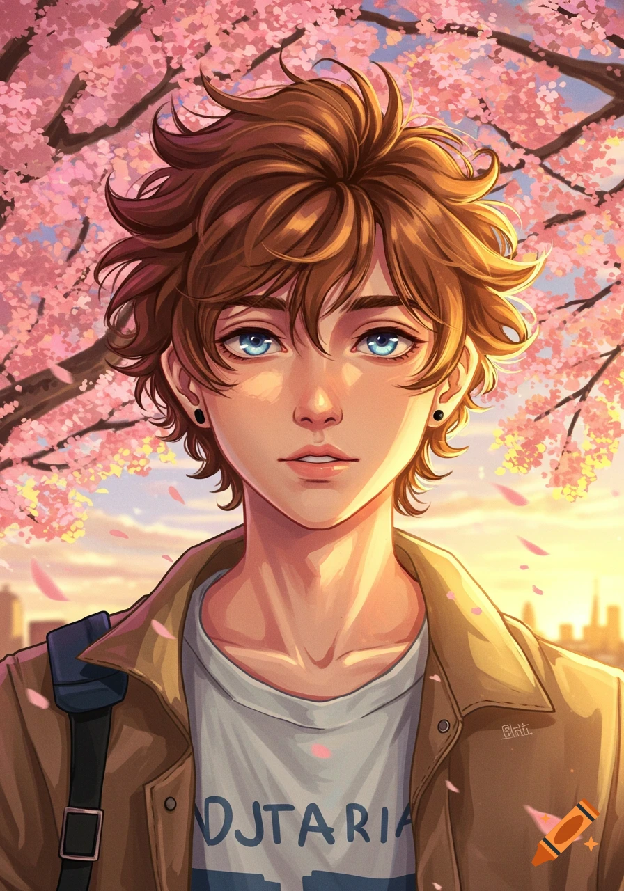 Anime boy with brown hair and blue eyes, wearing a brown jacket over a white t-shirt, stands under pink cherry blossoms with a city skyline in the background.