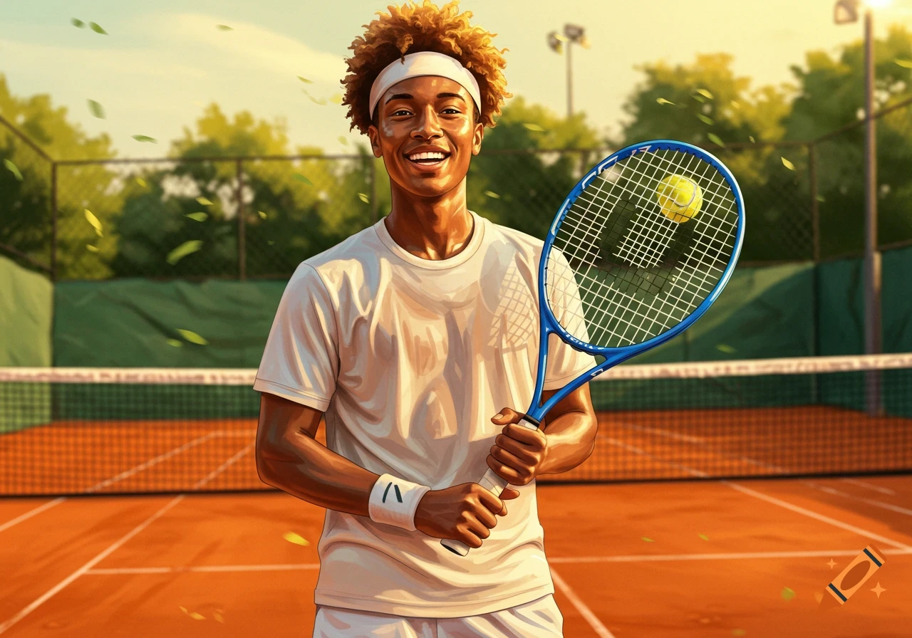 A smiling male tennis player with curly hair holds a racket on a sunny outdoor court, depicted in an illustrative style.