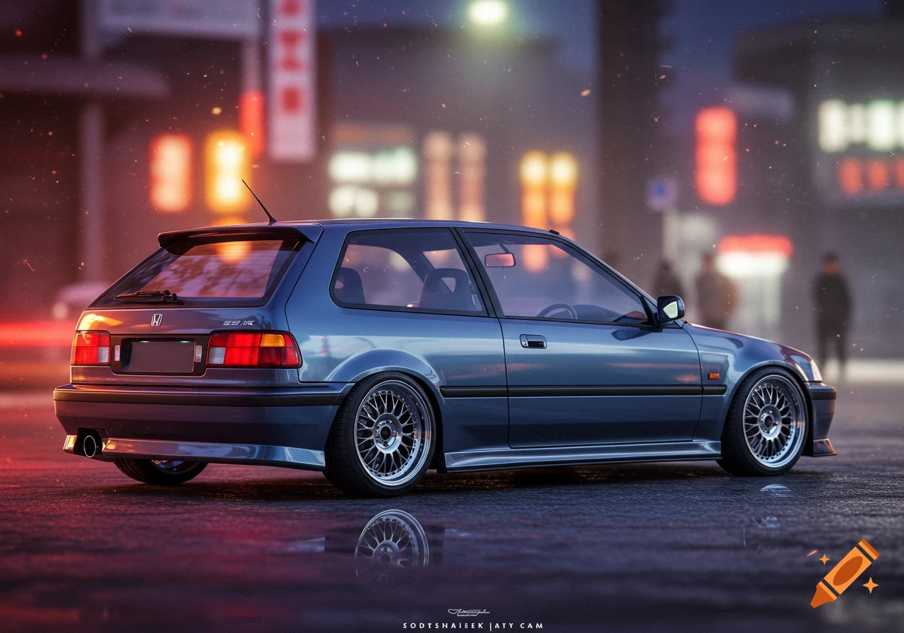 A blue Honda Civic EK hatchback with silver multi-spoke wheels, parked on a wet street at night, with blurry city lights in the background.