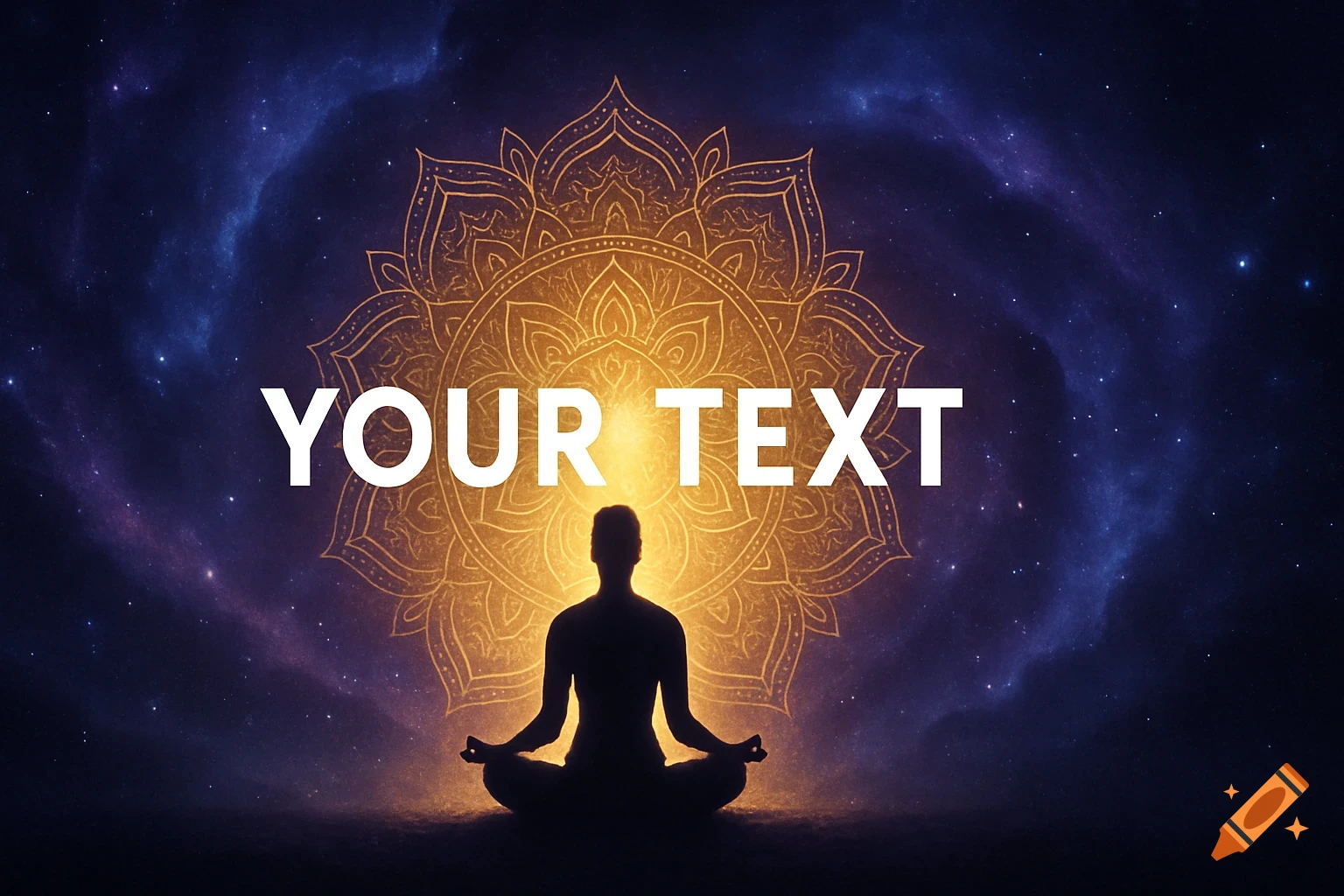 A silhouette of a person meditating in front of a glowing golden mandala against a violet and blue cosmic galaxy with stars. The text "YOUR TEXT" is centrally placed.